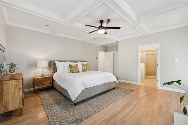 218 S Ave SE, Atlanta, GA 30315 - bedroom featuring coffered ceiling, baseboards, light wood-type flooring, beamed ceiling, and a ceiling fan