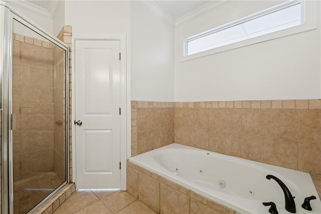 218 S Ave SE, Atlanta, GA 30315 - bathroom with crown molding, a stall shower, a jetted tub, and tile patterned flooring