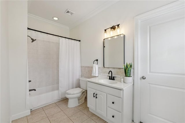 218 S Ave SE, Atlanta, GA 30315 - full bath featuring tile patterned floors, vanity, ornamental molding, toilet, and shower / bath combo with shower curtain