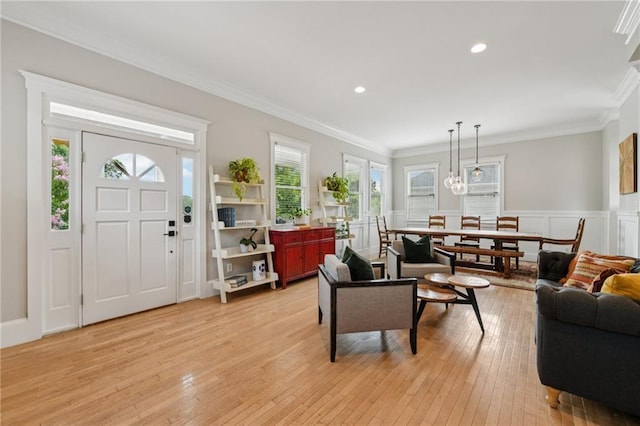 218 S Ave SE, Atlanta, GA 30315 - living area with light wood-type flooring, ornamental molding, a wainscoted wall, recessed lighting, and a decorative wall