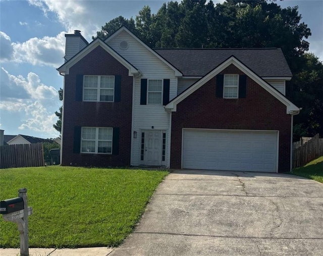 3065 Chandon Ln, Lawrenceville, GA 30044 - traditional-style house featuring brick siding, driveway, a chimney, and a garage