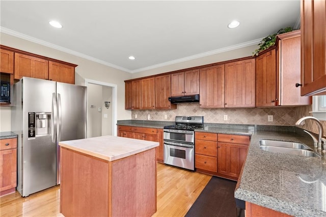 541 Brown Dr, Clermont, GA 30527 - kitchen with appliances with stainless steel finishes, under cabinet range hood, a sink, light wood-style flooring, and ornamental molding