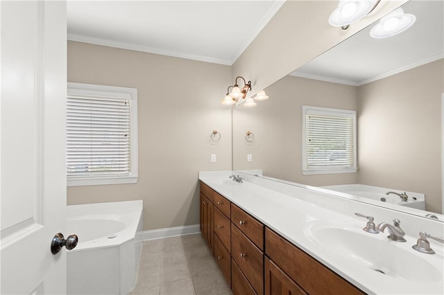 541 Brown Dr, Clermont, GA 30527 - bathroom with a garden tub, double vanity, tile patterned flooring, ornamental molding, and baseboards