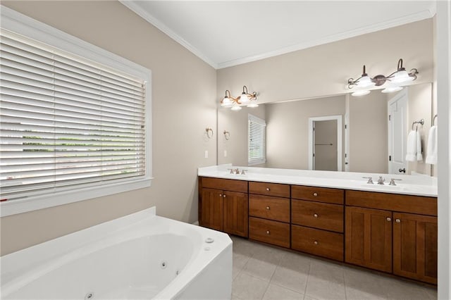 541 Brown Dr, Clermont, GA 30527 - full bathroom with double vanity, ornamental molding, a whirlpool tub, and tile patterned floors