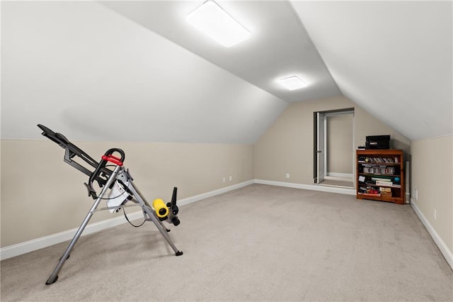 541 Brown Dr, Clermont, GA 30527 - workout area with carpet floors, vaulted ceiling, and baseboards