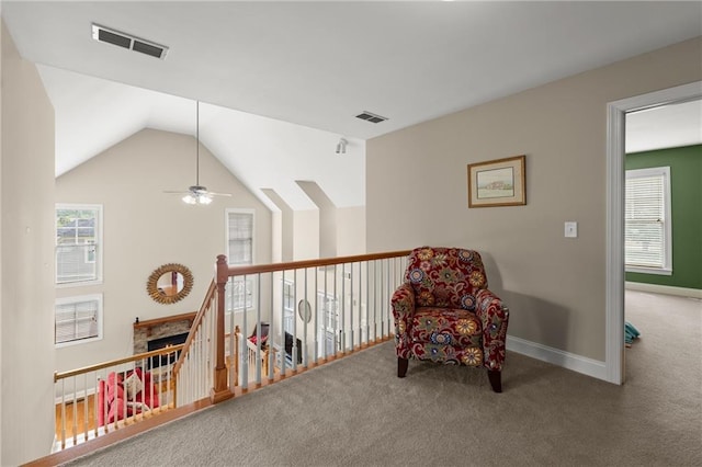 541 Brown Dr, Clermont, GA 30527 - sitting room featuring carpet floors, a ceiling fan, healthy amount of natural light, baseboards, and lofted ceiling