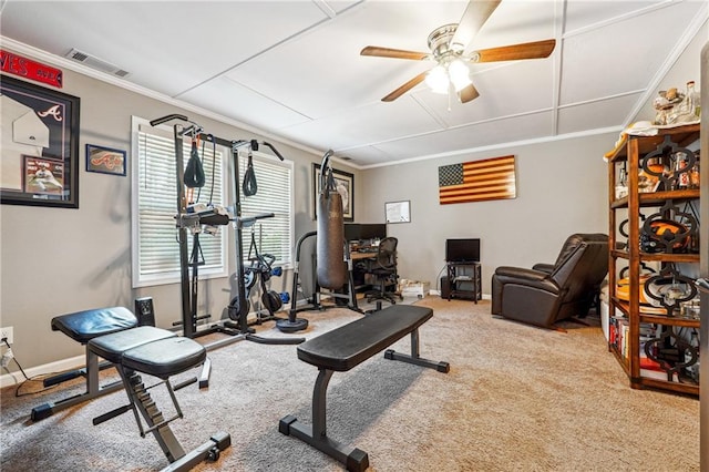 exercise room featuring visible vents, crown molding, baseboards, carpet, and ceiling fan