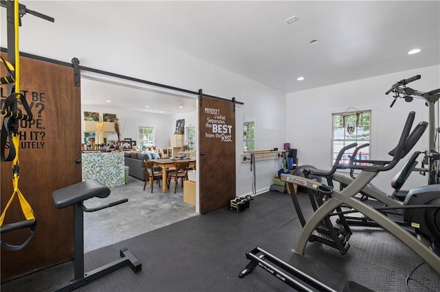 workout area featuring a barn door