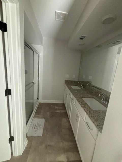 bathroom with vanity and walk in shower