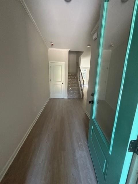 corridor featuring crown molding and dark wood-type flooring