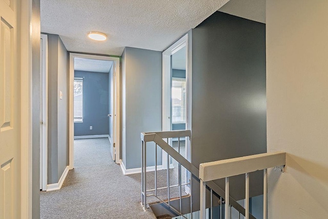 hall featuring a healthy amount of sunlight, light colored carpet, and a textured ceiling