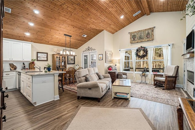 living room featuring high vaulted ceiling, a tile fireplace, sink, dark hardwood / wood-style floors, and wood ceiling