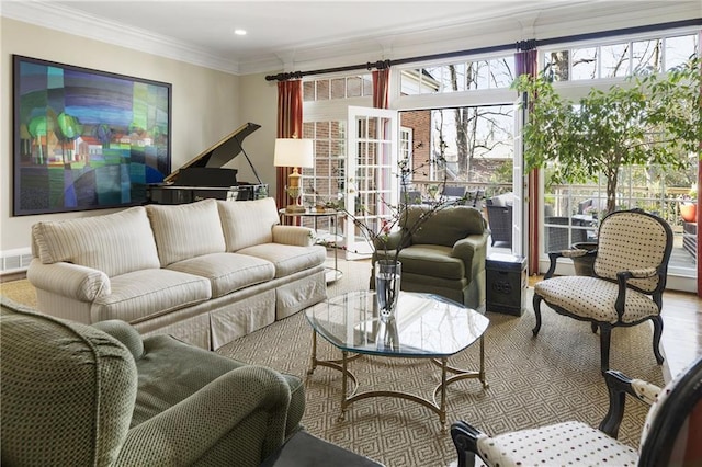 living room with recessed lighting, wood finished floors, visible vents, and ornamental molding