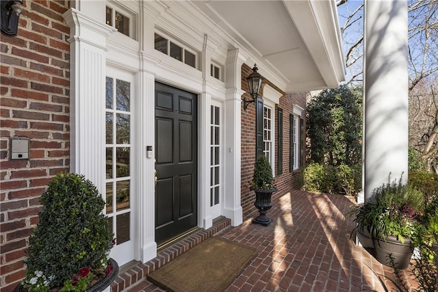 view of exterior entry with brick siding and a porch