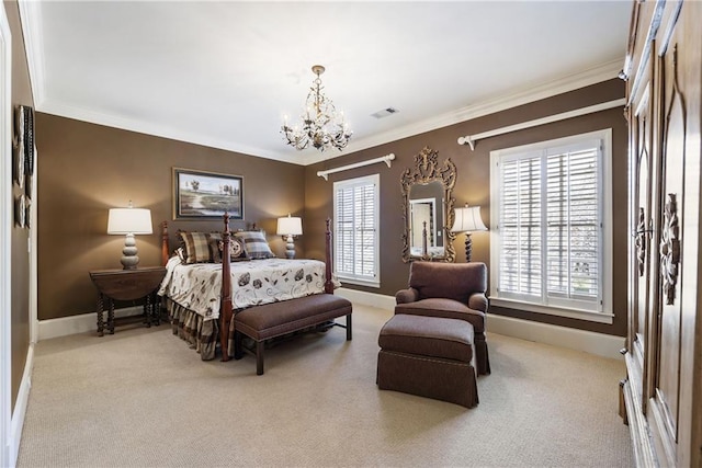 bedroom with visible vents, a notable chandelier, ornamental molding, carpet, and baseboards