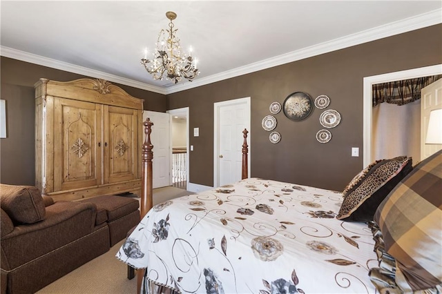 carpeted bedroom featuring a chandelier and crown molding