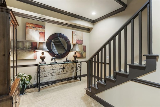 stairway featuring carpet flooring, recessed lighting, and crown molding