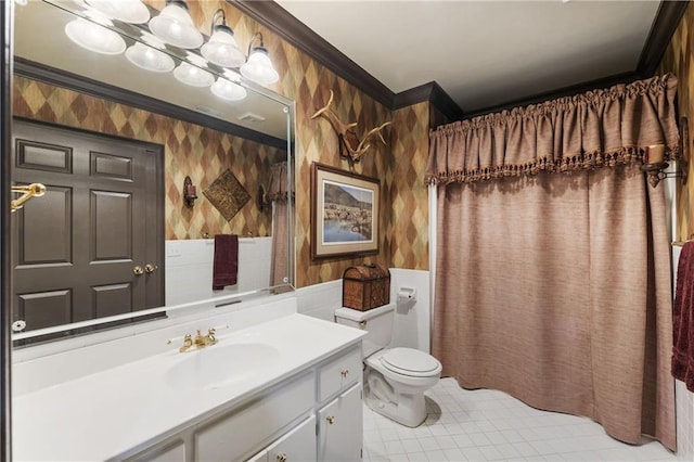 full bathroom featuring a shower with curtain, toilet, ornamental molding, wallpapered walls, and vanity