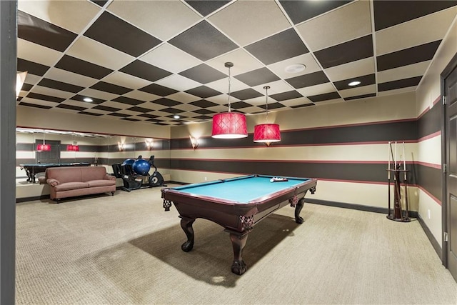 rec room with carpet flooring, pool table, and baseboards