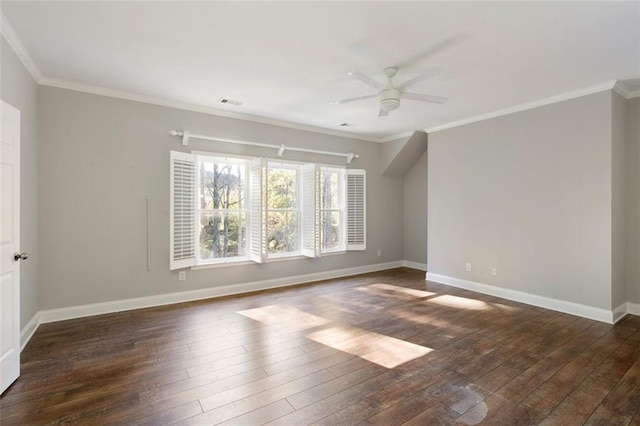 unfurnished room with ceiling fan, crown molding, baseboards, and dark wood-style flooring