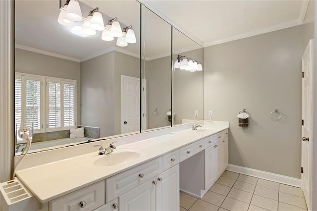 full bathroom with tile patterned floors, a sink, crown molding, double vanity, and baseboards