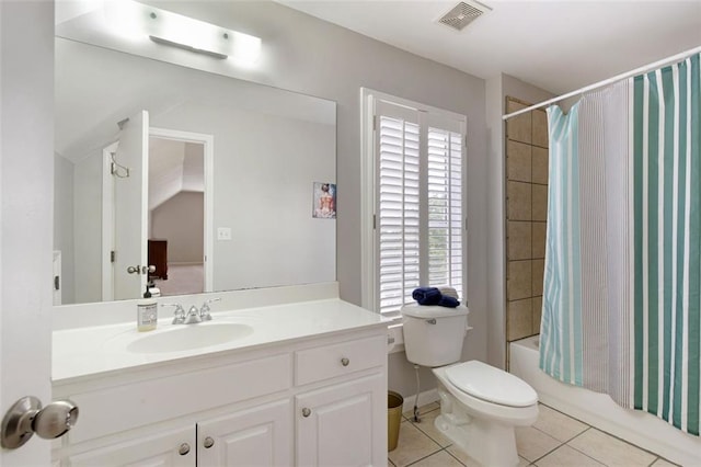 bathroom featuring vanity, visible vents, shower / tub combo, tile patterned floors, and toilet