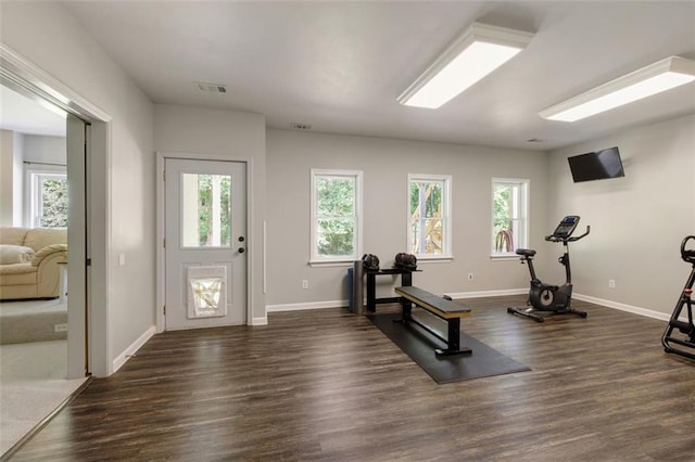 exercise area featuring visible vents, plenty of natural light, and dark wood-style floors