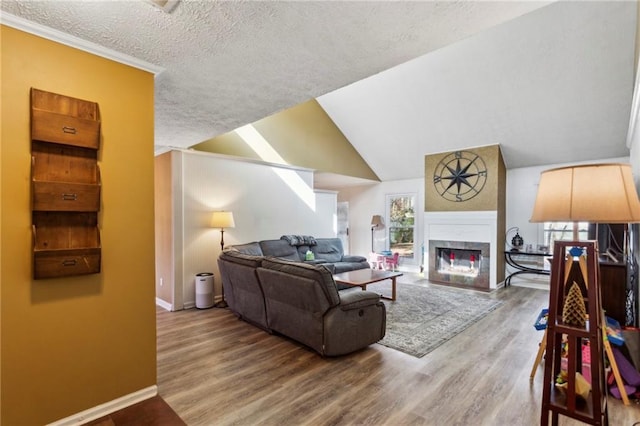 living room with wood-type flooring, vaulted ceiling, and a textured ceiling