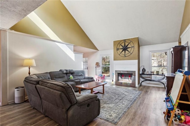 living room with hardwood / wood-style flooring, a premium fireplace, and high vaulted ceiling