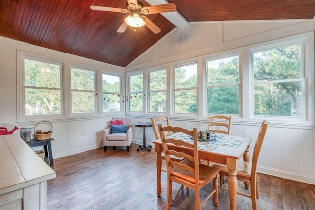 sunroom / solarium featuring ceiling fan, wood ceiling, and vaulted ceiling