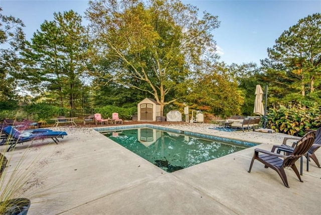 view of swimming pool with a patio area and a storage unit