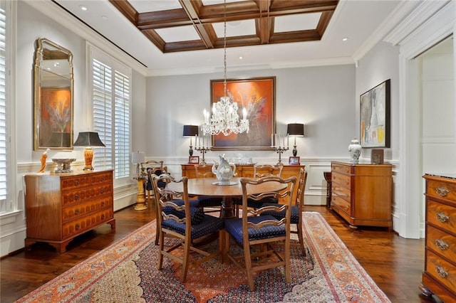 dining room featuring coffered ceiling, dark wood-type flooring, a chandelier, ornamental molding, and beam ceiling