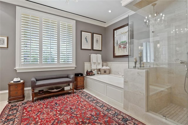 bathroom featuring crown molding, independent shower and bath, and a chandelier