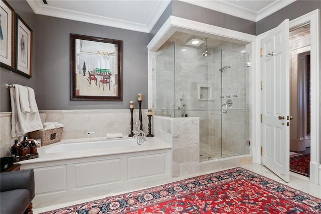 bathroom with plus walk in shower, tile flooring, and ornamental molding