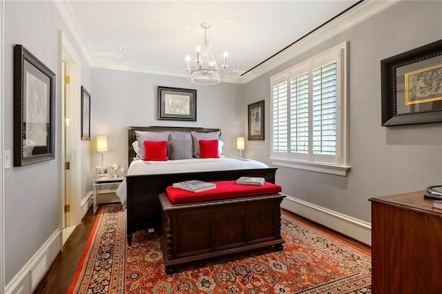 bedroom featuring crown molding, baseboard heating, a notable chandelier, and dark wood-type flooring