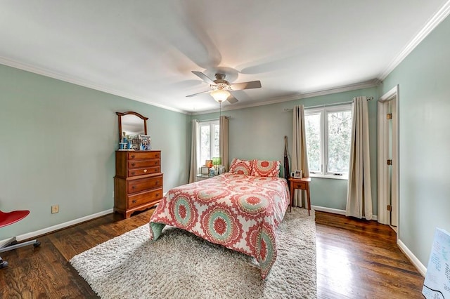 bedroom with multiple windows, dark hardwood / wood-style floors, ceiling fan, and crown molding