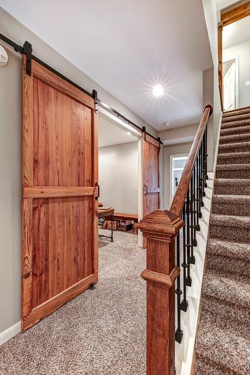 basement featuring light carpet and a barn door