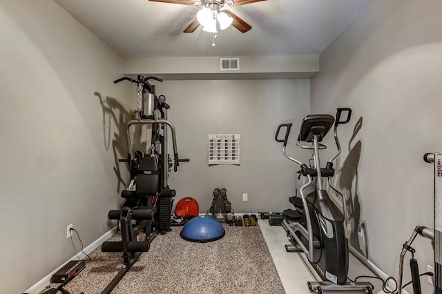 exercise room featuring ceiling fan