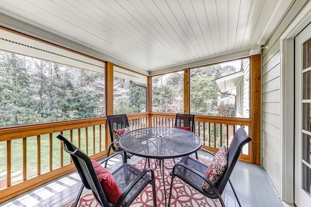 sunroom featuring wooden ceiling