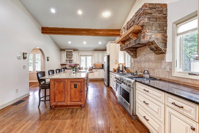 kitchen with dark hardwood / wood-style floors, a kitchen bar, appliances with stainless steel finishes, and a wealth of natural light