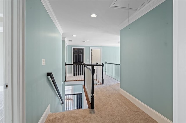 hallway featuring crown molding and light colored carpet