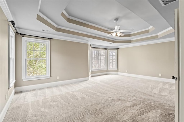 carpeted spare room featuring ceiling fan, ornamental molding, and a tray ceiling