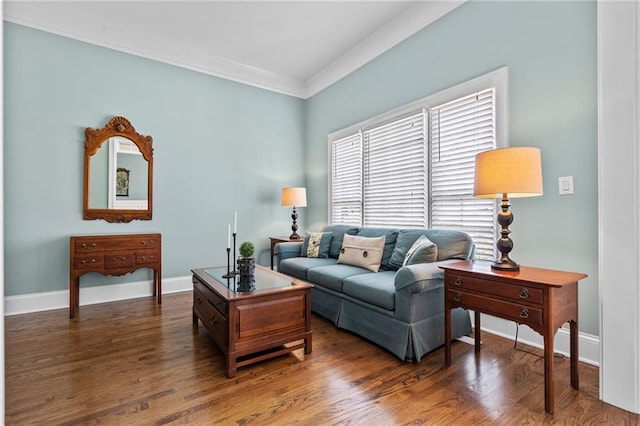 living room featuring crown molding and dark hardwood / wood-style flooring