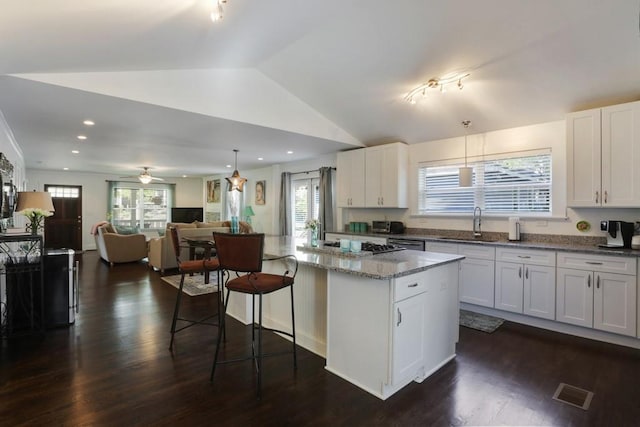 kitchen with ceiling fan, dark wood-type flooring, light stone counters, and white cabinets