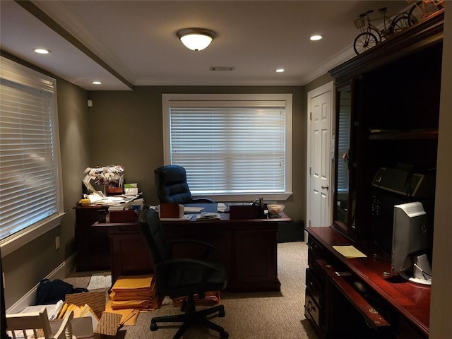 home office featuring ornamental molding and light colored carpet