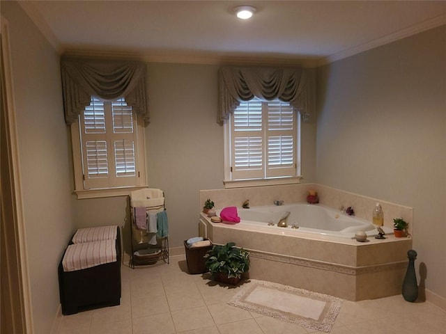 bathroom featuring tiled bath, tile floors, and a healthy amount of sunlight