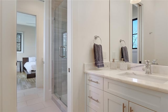 1068 Amsterdam Avenue Ne, Atlanta, GA 30306 - bathroom with tile floors, walk in shower, and vanity