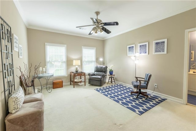 54 Old Fuller Mill Road Ne, Marietta, GA 30067 - living area featuring ceiling fan, light colored carpet, and ornamental molding