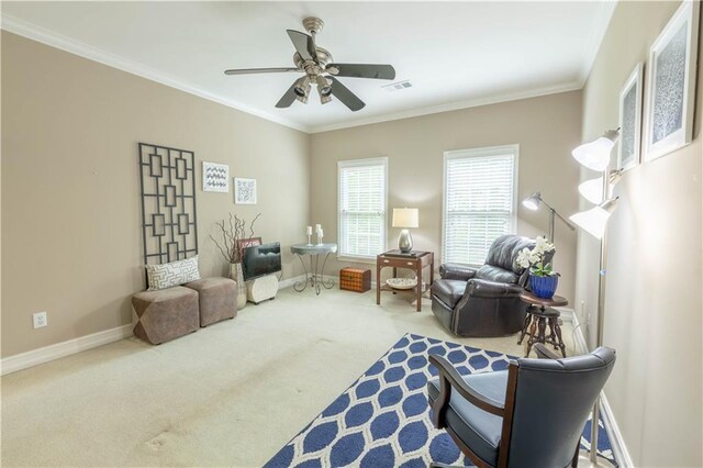 54 Old Fuller Mill Road Ne, Marietta, GA 30067 - sitting room featuring ceiling fan, crown molding, and light carpet