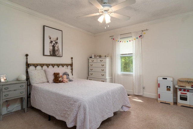 bedroom featuring ornamental molding, carpet flooring, and ceiling fan